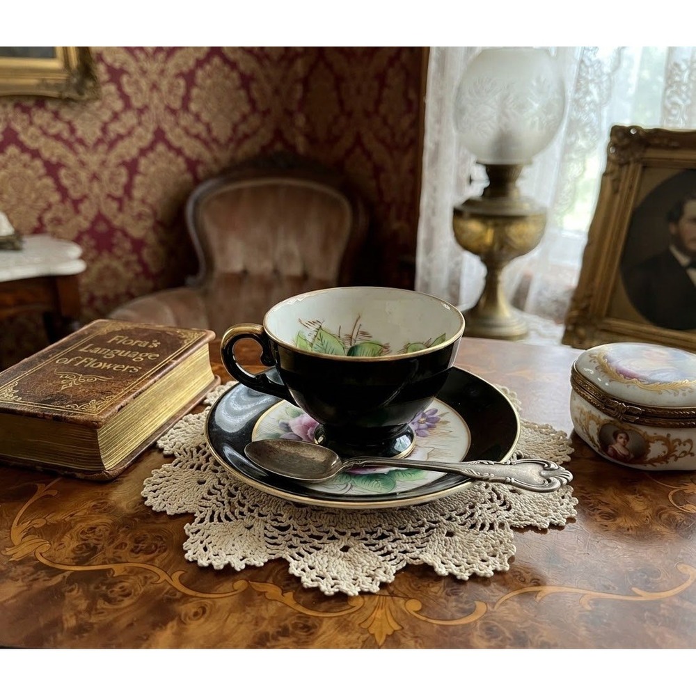 Vintage Shafford Tea Cup and Saucer Set Black Gold Hand Decorated Floral 1950s